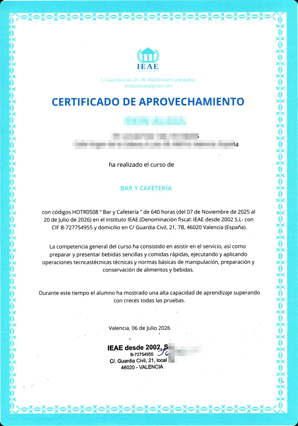 A sample IEAE diploma — Bar y cafetería (HOTR0508)