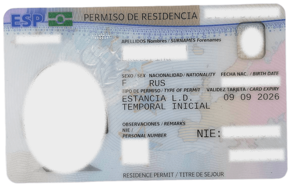 Spanish residence card (TIE) — estancia por estudios type, personal data hidden